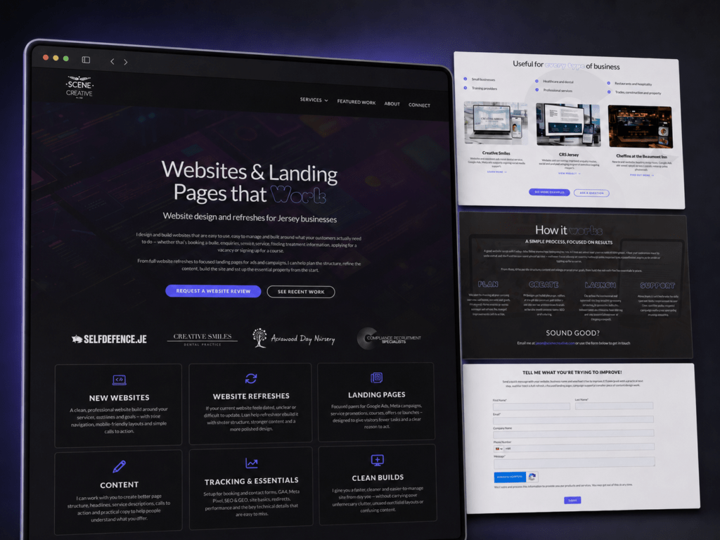 Scene Creative’s focused small business website service page displayed across a browser and supporting page panels